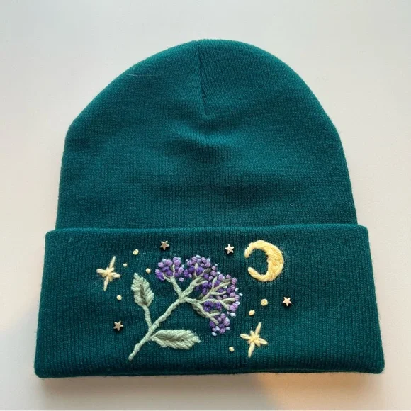 Floral Embroidered Beanie - Teal - Picture 1 of 3